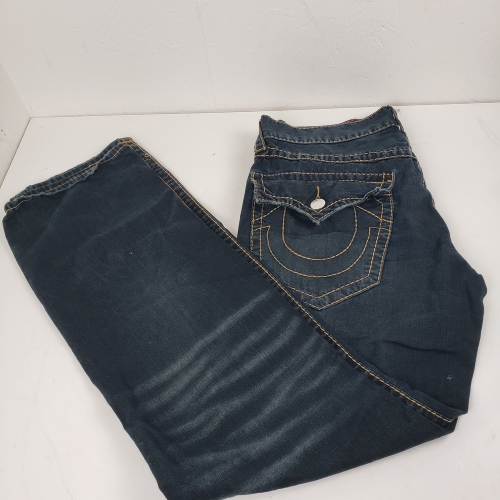 True Religion Straight Leg Destructed Dark Wash Denim Jeans Mens 35x32 Repaired